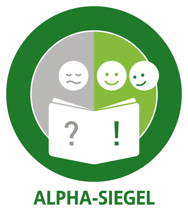 Logo Alpha-Siegel. Die Beratungsstelle trägt das Alpha-Siegel. Sie hat sich auf Menschen mit Lese- und Schreibschwierigkeiten eingestellt.