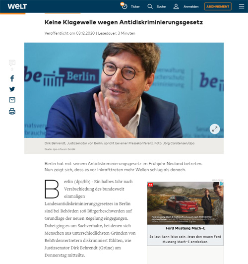 Titelfoto von Artikel über die Antidiskriminierungsberatung ADB vom 03.12.2020 in Welt.de